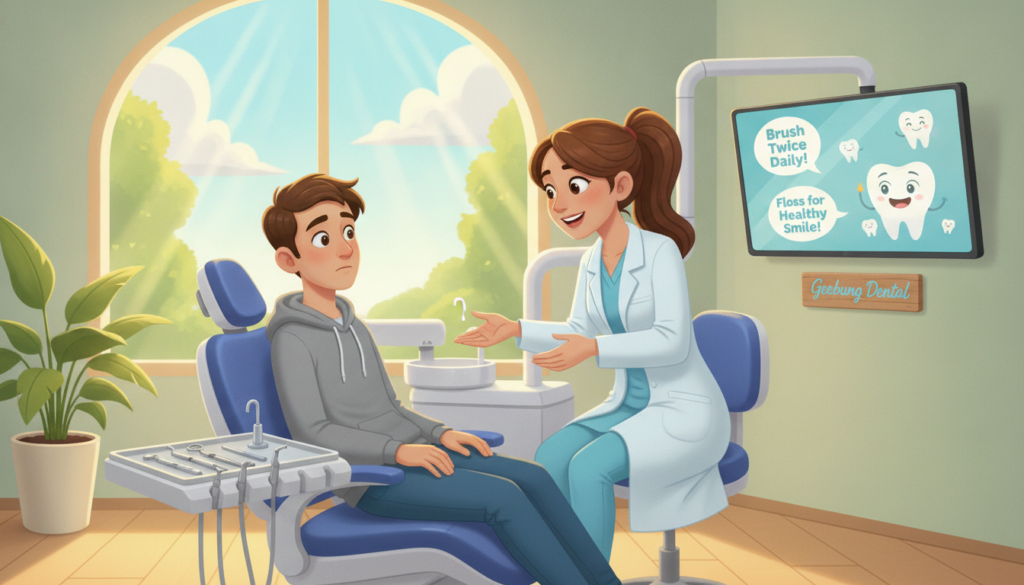 A bright and welcoming dental office scene featuring a professional dental hygienist, dressed in a crisp white coat, gently reassuring a nervous patient seated in a modern dental chair. The foreground focuses on the hygienist's warm smile and reassuring demeanor, while the patient, wearing casual yet respectful clothing, shows a hint of anxiety as they prepare for their appointment. In the middle, dental instruments and a wall-mounted display showcase smiles and dental care tips, emphasizing a positive atmosphere. The background features a large window revealing a sunny day outside, brightening the space with natural light. The setting conveys a sense of comfort and support, reflecting the message that seeking dental care is a normal and shared experience for many, branded with "Geebung Dental" tastefully integrated into the decor. A bright and welcoming dental office scene featuring a professional dental hygienist, dressed in a crisp white coat, gently reassuring a nervous patient seated in a modern dental chair. The foreground focuses on the hygienist's warm smile and reassuring demeanor, while the patient, wearing casual yet respectful clothing, shows a hint of anxiety as they prepare for their appointment. In the middle, dental instruments and a wall-mounted display showcase smiles and dental care tips, emphasizing a positive atmosphere. The background features a large window revealing a sunny day outside, brightening the space with natural light. The setting conveys a sense of comfort and support, reflecting the message that seeking dental care is a normal and shared experience for many, branded with "Geebung Dental" tastefully integrated into the decor.