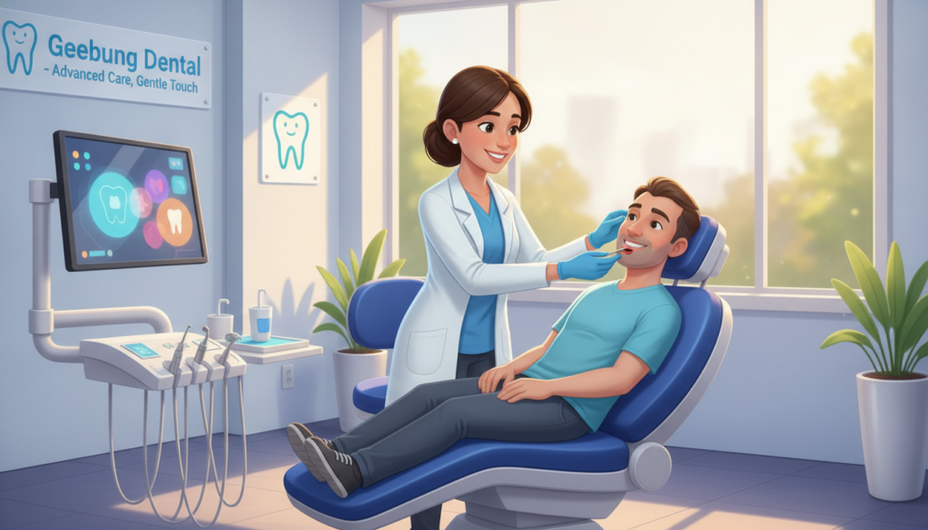 A modern, welcoming dental clinic scene at Geebung Dental, featuring a bright and airy interior. In the foreground, a friendly female dentist in a professional white coat and blue gloves, smiling while examining a patient comfortably seated in a state-of-the-art dental chair. In the middle ground, advanced dental equipment and a sleek digital display monitor showcase modern technology. The background reveals large windows letting in natural light, with soft greenery visible outside, enhancing the soothing atmosphere. The lighting is warm and inviting, with a focus on creating a serene, stress-free environment that exemplifies the advancements in dental care. The mood is optimistic and reassuring, emphasizing comfort and ease for patients who may have been away from the dentist for years. A modern, welcoming dental clinic scene at Geebung Dental, featuring a bright and airy interior. In the foreground, a friendly female dentist in a professional white coat and blue gloves, smiling while examining a patient comfortably seated in a state-of-the-art dental chair. In the middle ground, advanced dental equipment and a sleek digital display monitor showcase modern technology. The background reveals large windows letting in natural light, with soft greenery visible outside, enhancing the soothing atmosphere. The lighting is warm and inviting, with a focus on creating a serene, stress-free environment that exemplifies the advancements in dental care. The mood is optimistic and reassuring, emphasizing comfort and ease for patients who may have been away from the dentist for years.