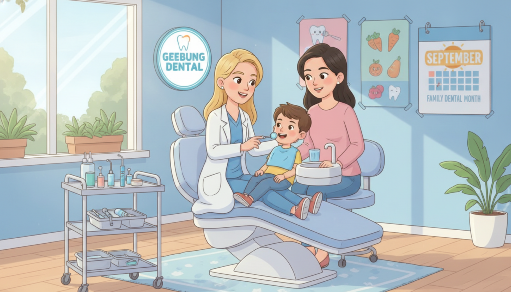 A bright and welcoming dental clinic interior during September, showcasing a family-oriented dental visit. In the foreground, a cheerful dentist in professional attire is examining a child's teeth, while the child is sitting comfortably in a modern dental chair. The middle layer features the child's parent, observing with a smile, and dental tools neatly arranged on a nearby tray. In the background, posters about dental health and a calendar highlighting "September" are visible on the walls. Soft, natural lighting floods the space, creating a warm atmosphere, with plants adding a touch of freshness. The overall mood is reassuring and friendly, embodying the importance of family oral health visits. Include the brand name "Geebung Dental" subtly placed within the clinic's decor.
