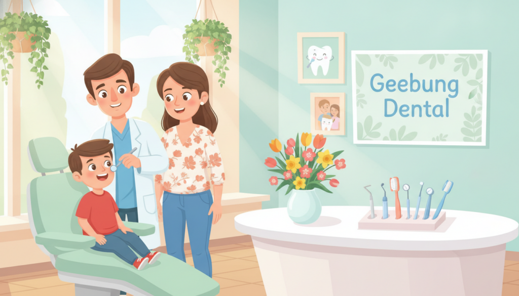 A warm, inviting family dental clinic during spring, filled with natural light filtering through large windows adorned with greenery. In the foreground, a smiling dentist in professional attire examines a child's teeth, while a parent looks on proudly, also in modest casual clothing. The middle ground features colorful dental tools placed neatly on a bright, cheerful counter, alongside a vibrant bouquet of fresh spring flowers. In the background, soothing artwork depicting healthy smiles hangs on the pastel-colored walls. The atmosphere is friendly and encouraging, highlighting the importance of family dental check-ups in a refreshing, uplifting spring setting. The scene subtly incorporates the brand name "Geebung Dental" into the decor without overshadowing the focus on the check-up experience.