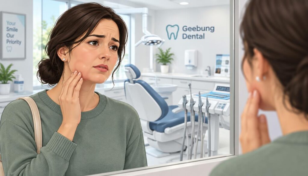 A woman in her 30s, wearing a modest casual outfit, stands in a well-lit dental office examining her jaw in a mirror. Her face shows mild concern as she gently touches the area near her jawline where facial swelling is noticeable. The foreground includes her reflection in the mirror, with her concerned expression clear. In the middle, dental tools and a treatment chair can be seen, indicating an emergency situation. The background features a bright, clean dental environment with soft lighting, creating an atmosphere of care and professionalism. The name "Geebung Dental" is subtly displayed on the wall in the background. The overall mood is one of urgency combined with a sense of comfort and trust.
